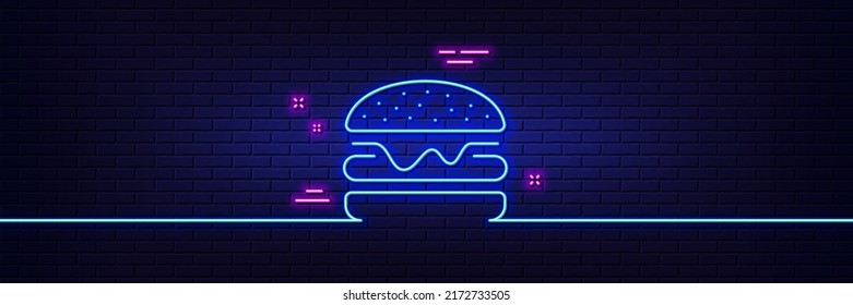 Efecto luminoso neón. Icono de línea de hamburguesa. Señal de comida rápida. Símbolo sandwich de hamburguesa. Icono de resplandor de neón de 3d línea. Banner de pared de ladrillo. Borde de hamburguesas. Vector