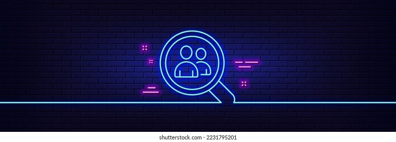 Neon light glow effect. Business recruitment line icon. Search employees sign. Magnifying glass symbol. 3d line neon glow icon. Brick wall banner. Search employees outline. Vector