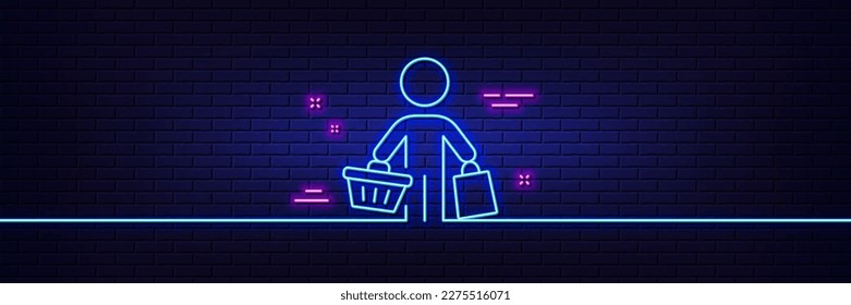 Neon light glow effect. Buyer with shopping cart line icon. Customer with bags sign. Supermarket client symbol. 3d line neon glow icon. Brick wall banner. Buyer outline. Vector