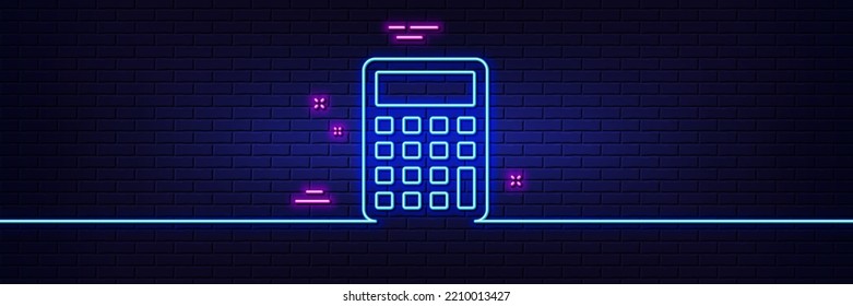 Neon light glow effect. Calculator line icon. Accounting sign. Calculate finance symbol. 3d line neon glow icon. Brick wall banner. Calculator outline. Vector