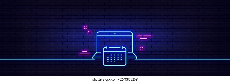 Neon light glow effect. Calendar line icon. Annual planner sign. Laptop event schedule symbol. 3d line neon glow icon. Brick wall banner. Calendar outline. Vector