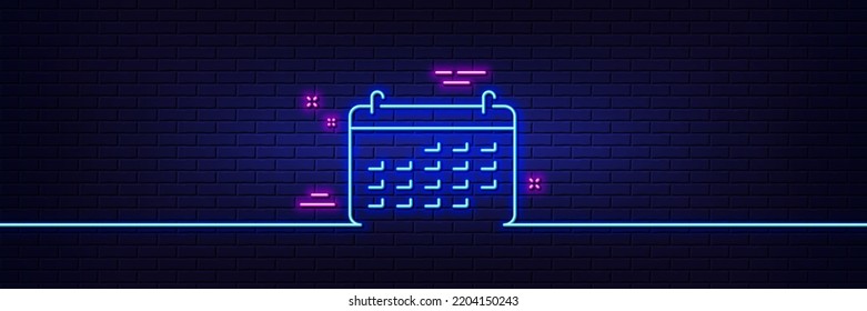 Neon light glow effect. Calendar line icon. Accounting sign. Calculate finance symbol. Business audit. 3d line neon glow icon. Brick wall banner. Calendar outline. Vector