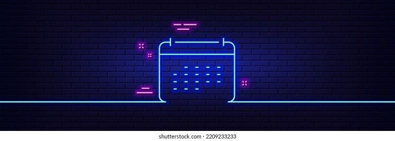 Neon light glow effect. Calendar line icon. Annual planner sign. Event schedule symbol. 3d line neon glow icon. Brick wall banner. Calendar outline. Vector