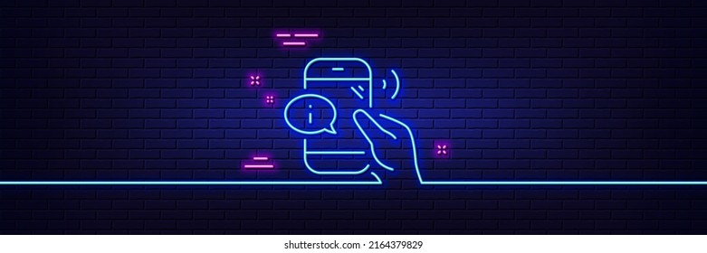 Neon light glow effect. Call center service line icon. Phone support sign. Feedback info symbol. 3d line neon glow icon. Brick wall banner. Call center outline. Vector