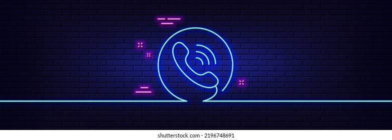 Neon light glow effect. Call center service line icon. Phone support sign. Feedback symbol. 3d line neon glow icon. Brick wall banner. Call center outline. Vector