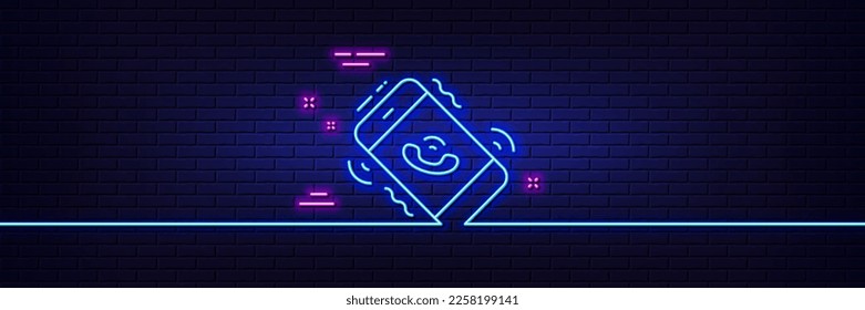 Efecto luminoso neón. Icono de línea de servicio del centro de llamadas. Signo de soporte telefónico. Símbolo de retroalimentación. Icono de resplandor de neón de 3d línea. Banner de pared de ladrillo. Esquema del centro de llamadas. Vector