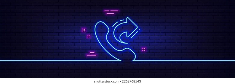 Neon light glow effect. Call center service line icon. Share phone call sign. Feedback symbol. 3d line neon glow icon. Brick wall banner. Share call outline. Vector