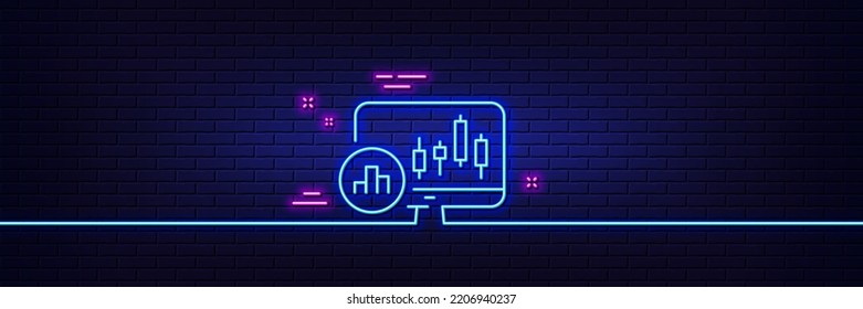 Neon light glow effect. Candlestick chart line icon. Analytics graph sign. Market analytics symbol. 3d line neon glow icon. Brick wall banner. Candlestick chart outline. Vector