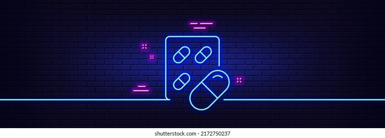 Neon light glow effect. Capsule pill line icon. Medical drugs sign. Pharmacy medication symbol. 3d line neon glow icon. Brick wall banner. Capsule pill outline. Vector