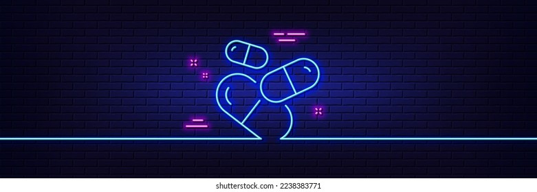 Neon light glow effect. Capsule pill line icon. Medical drugs sign. Pharmacy medication symbol. 3d line neon glow icon. Brick wall banner. Capsule pill outline. Vector