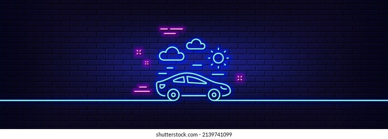 Neon light glow effect. Car travel line icon. Trip transport sign. Holidays vehicle symbol. 3d line neon glow icon. Brick wall banner. Car travel outline. Vector