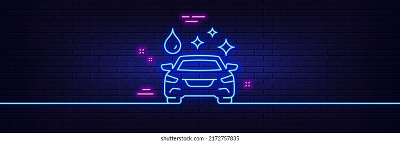 Neon Light Glow Effect. Car Wash Line Icon. Clean Auto Sign. Shiny Transport Symbol. 3d Line Neon Glow Icon. Brick Wall Banner. Car Wash Outline. Vector