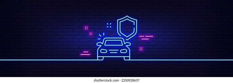 Neon light glow effect. Car secure line icon. Insurance shield sign. Safe defense symbol. 3d line neon glow icon. Brick wall banner. Car secure outline. Vector