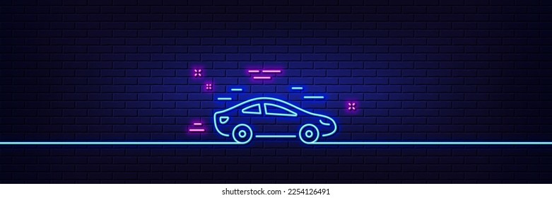 Neon light glow effect. Car transport line icon. Transportation vehicle sign. Driving symbol. 3d line neon glow icon. Brick wall banner. Car outline. Vector