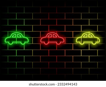 Efecto luminoso neón. Icono de línea de transporte de coches. Señal del vehículo de transporte. Símbolo de conducción. Icono de resplandor de neón de 3d línea. Banner de pared de ladrillo. Esquema del coche. muchos colores.