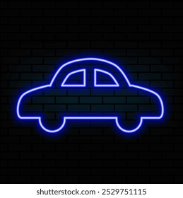 Neon light glow effect. Car transport line icon. Transportation vehicle sign. Driving symbol. 3d line neon glow icon. Brick wall banner. Car outline. Vector.4