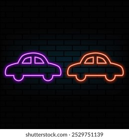 Efeito de brilho de luz neon. Ícone da linha de transporte de carro. Sinal de veículo de transporte. Símbolo de direção. ícone de brilho neon de linha 3d. Banner de parede de tijolos. Esquema do carro. Vetor.5.