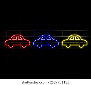 Efecto de brillo de luz de neón. Icono de línea de transporte de automóviles. Señal de vehículo de Transporte. Símbolo de conducción. Icono del resplandor de neón de la línea 3D. Anuncio de pared de ladrillo. Esquema del coche. Vector.