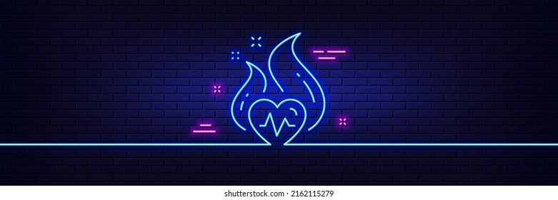 Neon light glow effect. Cardio training line icon. Fat burning workout sign. Gym fit heartbeat symbol. 3d line neon glow icon. Brick wall banner. Cardio training outline. Vector