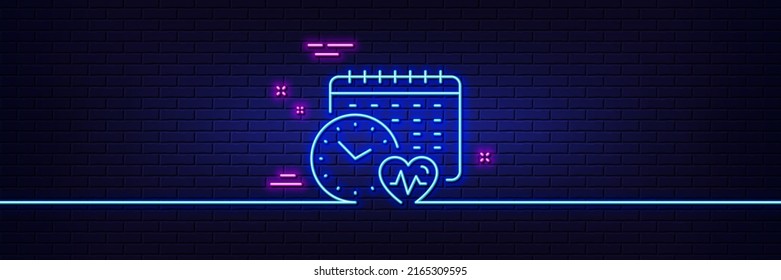 Neon light glow effect. Cardio training calendar line icon. Fat burning time sign. Gym fit heartbeat symbol. 3d line neon glow icon. Brick wall banner. Cardio calendar outline. Vector