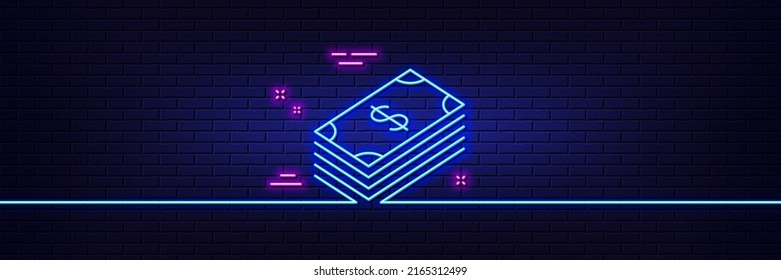 Neon light glow effect. Cash money line icon. Banking currency sign. Dollar or USD symbol. 3d line neon glow icon. Brick wall banner. Dollar outline. Vector