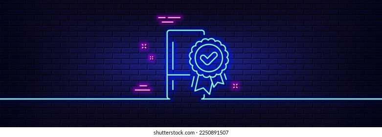 Neon light glow effect. Certified refrigerator line icon. Fridge award sign. Freezer storage symbol. 3d line neon glow icon. Brick wall banner. Certified refrigerator outline. Vector