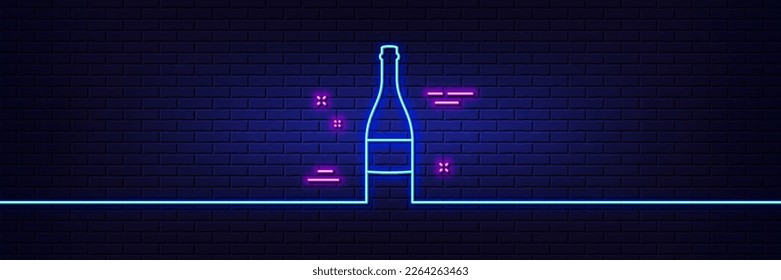 Neonhellgrauer Effekt. Champagner-Flasche-Symbol. Jubiläum Alkoholzeichen. Feierlichkeiten, die Sie trinken. 3D-Linie Neonglühsymbol. Brick-Wand-Banner. Umriss der Champagnerflasche. Vektorgrafik
