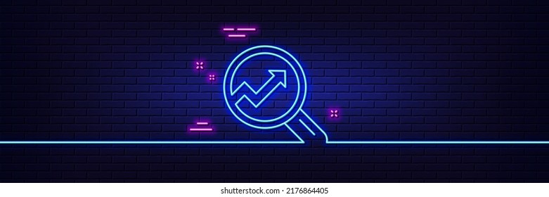 Neon light glow effect. Chart line icon. Report graph or Sales growth sign in Magnifying glass. Analysis and Statistics data symbol. 3d line neon glow icon. Brick wall banner. Vector