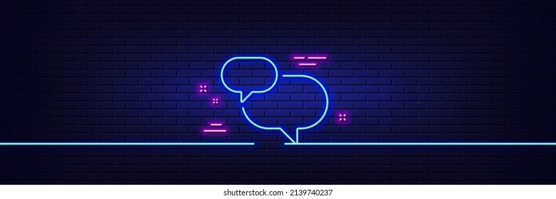 Neon light glow effect. Chat comment line icon. Speech bubble sign. Social media message symbol. 3d line neon glow icon. Brick wall banner. Chat message outline. Vector