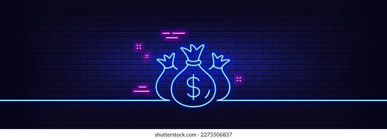 Neon light glow effect. Check investment line icon. Business audit sign. Cash bags symbol. 3d line neon glow icon. Brick wall banner. Check investment outline. Vector