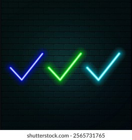 Neon light glow effect. Check line icon. Approved Tick sign. Confirm, Done or Accept symbol. 3d line neon glow icon. Brick wall banner. Verify outline. Vector.