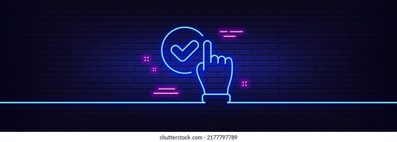 Neon light glow effect. Checkbox line icon. Approve sign. Confirmed click symbol. 3d line neon glow icon. Brick wall banner. Checkbox outline. Vector
