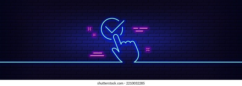 Neon light glow effect. Checkbox line icon. Accepted or confirmed sign. Approve symbol. 3d line neon glow icon. Brick wall banner. Checkbox outline. Vector