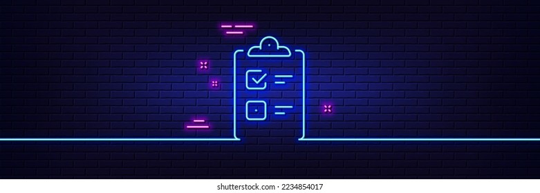 Neon light glow effect. Checklist line icon. Clipboard document sign. Questioning survey symbol. 3d line neon glow icon. Brick wall banner. Checklist outline. Vector