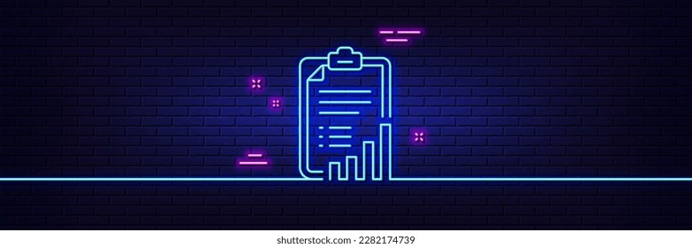 Efecto luminoso neón. Icono de línea de lista de verificación. Signo de gráfico de gráficos. Símbolo del diagrama de crecimiento. Icono de resplandor de neón de 3d línea. Banner de pared de ladrillo. Esquema de la lista de comprobación. Vector