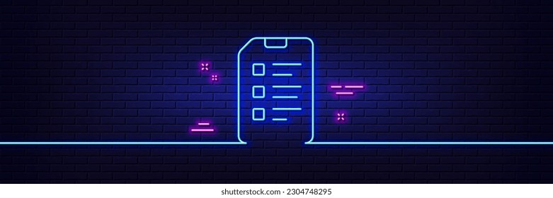 Neon light glow effect. Checklist Document line icon. Information File sign. Paper page concept symbol. 3d line neon glow icon. Brick wall banner. Checklist outline. Vector