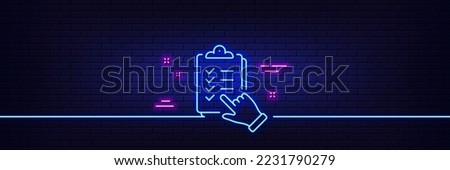 Neon light glow effect. Checklist line icon. Clipboard document sign. Questioning survey symbol. 3d line neon glow icon. Brick wall banner. Checklist outline. Vector