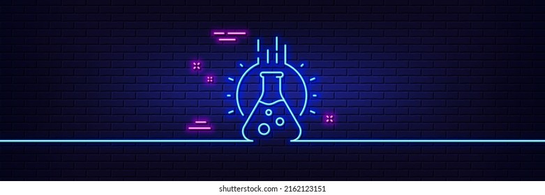 Neon light glow effect. Chemistry lab line icon. Laboratory flask sign. Analysis symbol. 3d line neon glow icon. Brick wall banner. Chemistry lab outline. Vector