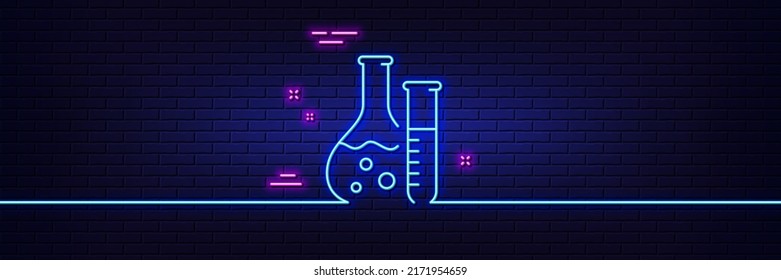 Neon light glow effect. Chemistry lab line icon. Laboratory flask sign. Analysis symbol. 3d line neon glow icon. Brick wall banner. Chemistry lab outline. Vector