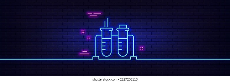 Neon light glow effect. Chemistry beaker line icon. Laboratory flask sign. Analysis lab symbol. 3d line neon glow icon. Brick wall banner. Chemistry beaker outline. Vector
