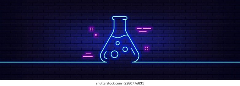 Neon light glow effect. Chemistry lab line icon. Laboratory flask sign. Analysis symbol. 3d line neon glow icon. Brick wall banner. Chemistry lab outline. Vector