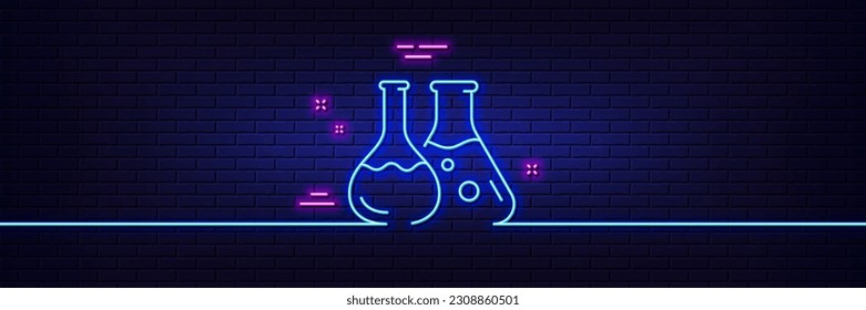 Neon light glow effect. Chemistry lab line icon. Laboratory flask sign. Analysis symbol. 3d line neon glow icon. Brick wall banner. Chemistry lab outline. Vector