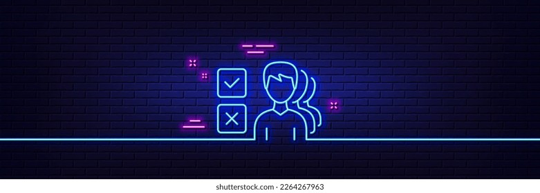 Neon light glow effect. Choice line icon. Select answer sign. Business test symbol. 3d line neon glow icon. Brick wall banner. Opinion outline. Vector