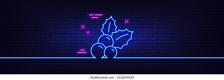 Neon light glow effect. Christmas holly line icon. Ilex aquifolium sign. 3d line neon glow icon. Brick wall banner. Christmas holly outline. Vector