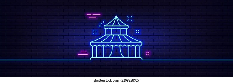 Neon light glow effect. Circus line icon. Amusement park sign. 3d line neon glow icon. Brick wall banner. Circus outline. Vector