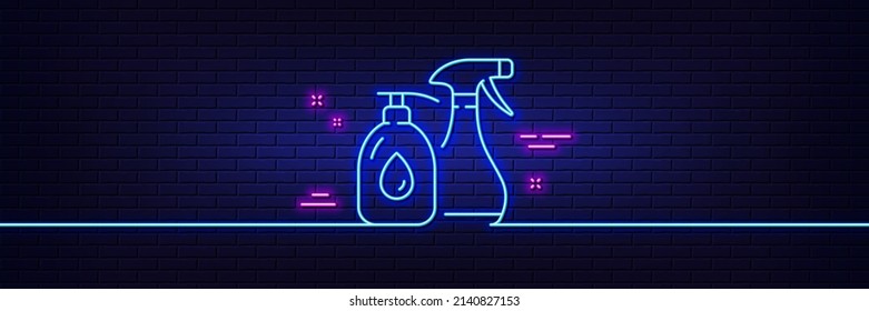 Neon light glow effect. Cleaning liquids line icon. Antiseptic spray sign. Washing symbol. 3d line neon glow icon. Brick wall banner. Cleaning liquids outline. Vector