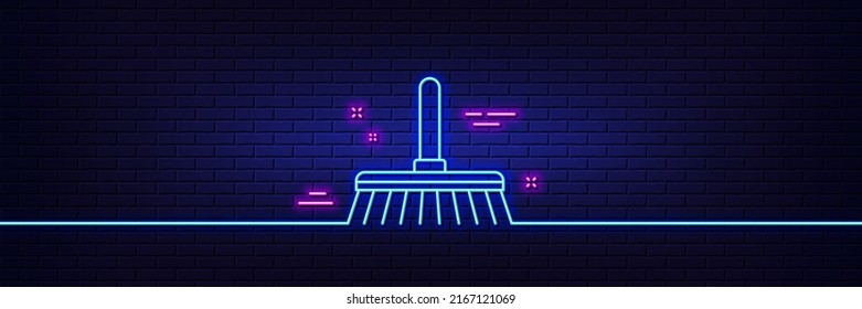 Neon light glow effect. Cleaning mop line icon. Sweep or Wash a floor symbol. Washing Housekeeping equipment sign. 3d line neon glow icon. Brick wall banner. Cleaning mop outline. Vector