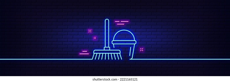 Neon light glow effect. Cleaning bucket with mop line icon. Washing Housekeeping equipment sign. 3d line neon glow icon. Brick wall banner. Bucket with mop outline. Vector