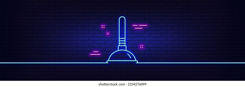 Efecto luminoso neón. Icono de la línea del émbolo de limpieza. Limpieza del símbolo de obstrucción de tubería. Cartel de los equipos de limpieza. Icono de resplandor de neón de 3d línea. Banner de pared de ladrillo. contorno del émbolo. Vector