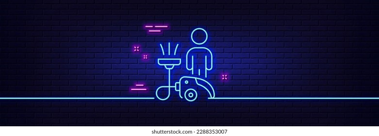 Neon light glow effect. Cleaning line icon. Household service sign. Professional vacuum cleaner symbol. 3d line neon glow icon. Brick wall banner. Cleaning outline. Vector